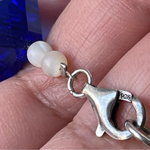 Chunky Faceted Oval Blue Glass Mother Of Pearl Bead Spacer 925 Clasp Necklace - Picture 2 of 14